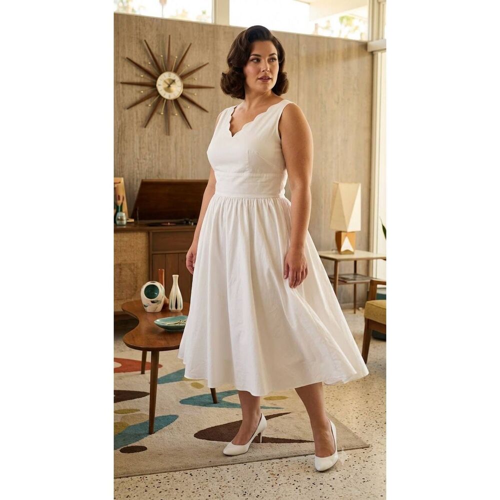 Queen of Hearts White Scalloped Swing Midi Dress 2x 50s Style Rockabilly Pin-Up